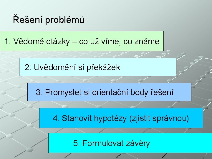 Řešení problémů 1. Vědomé otázky – co už víme, co známe 2. Uvědomění si