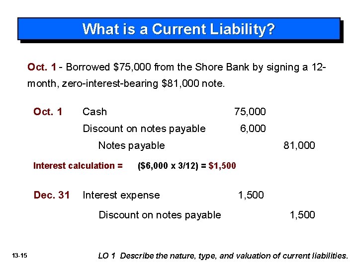 What is a Current Liability? Oct. 1 - Borrowed $75, 000 from the Shore