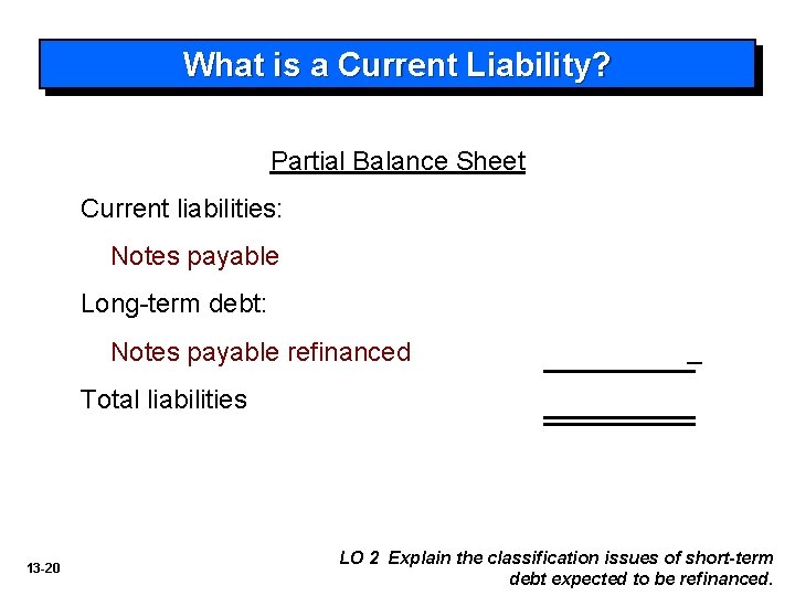 What is a Current Liability? Partial Balance Sheet Current liabilities: Notes payable Long-term debt: