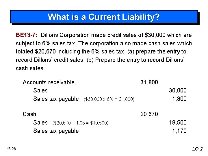 What is a Current Liability? BE 13 -7: Dillons Corporation made credit sales of