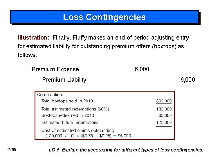 Loss Contingencies Illustration: Finally, Fluffy makes an end-of-period adjusting entry for estimated liability for