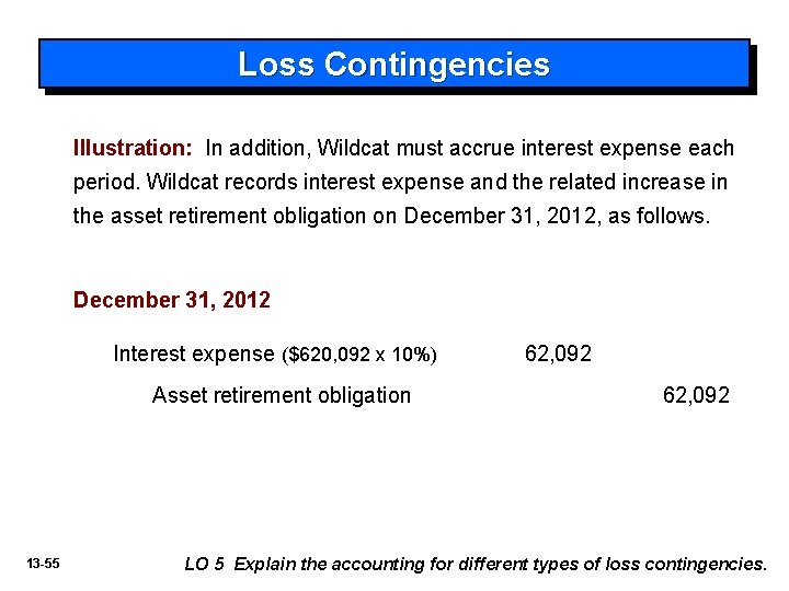 Loss Contingencies Illustration: In addition, Wildcat must accrue interest expense each period. Wildcat records