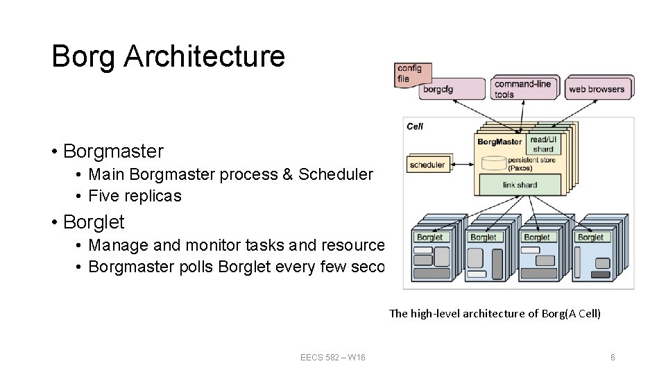 Borg Architecture • Borgmaster • Main Borgmaster process & Scheduler • Five replicas •