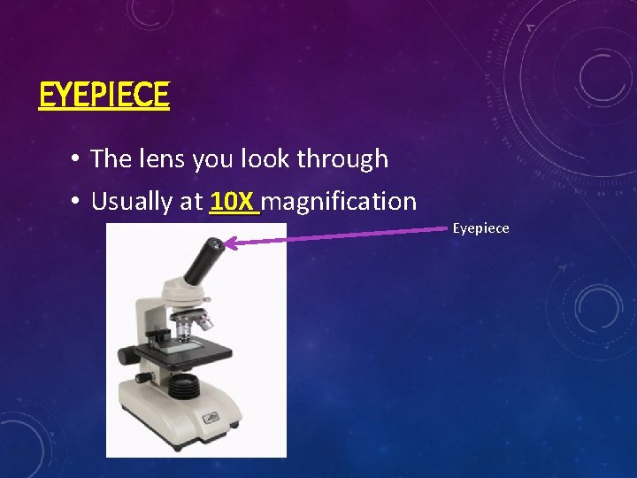 EYEPIECE • The lens you look through • Usually at 10 X magnification Eyepiece
