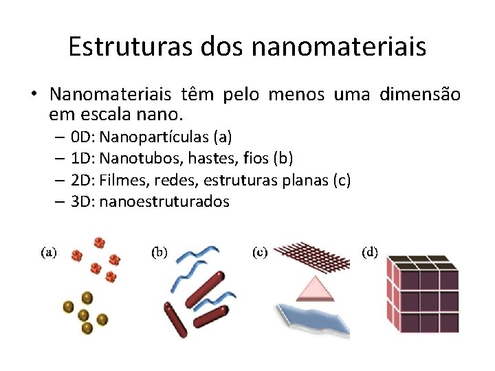 Estruturas dos nanomateriais • Nanomateriais têm pelo menos uma dimensão em escala nano. –