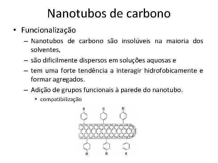 Nanotubos de carbono • Funcionalização – Nanotubos de carbono são insolúveis na maioria dos