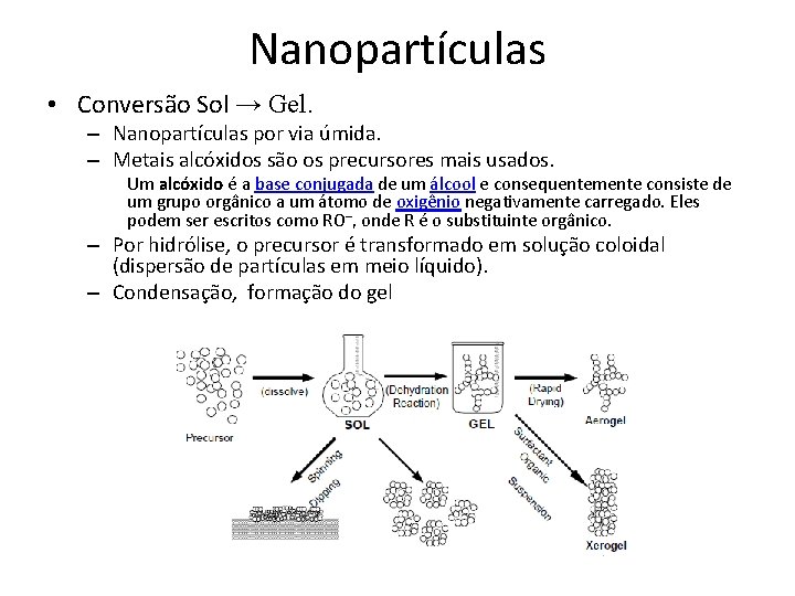 Nanopartículas • Conversão Sol → Gel. – Nanopartículas por via úmida. – Metais alcóxidos