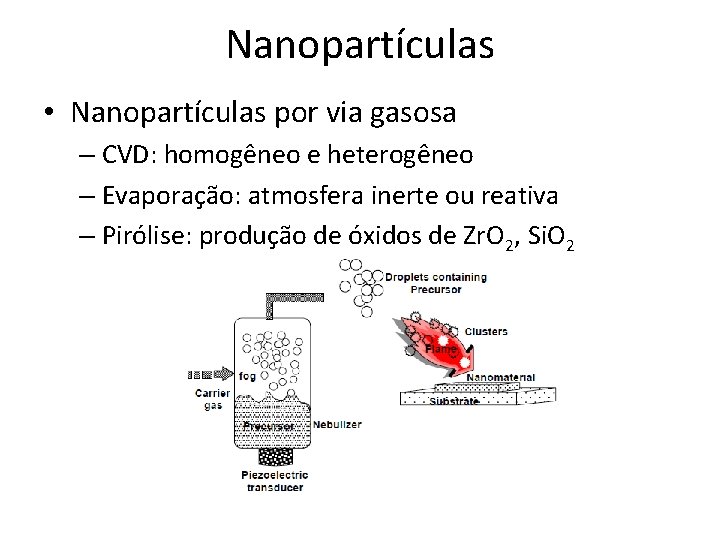 Nanopartículas • Nanopartículas por via gasosa – CVD: homogêneo e heterogêneo – Evaporação: atmosfera