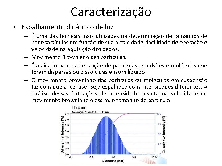 Caracterização • Espalhamento dinâmico de luz – É uma das técnicas mais utilizadas na