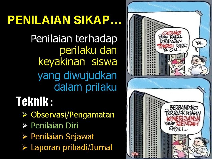 PENILAIAN SIKAP… Penilaian terhadap perilaku dan keyakinan siswa yang diwujudkan dalam prilaku Teknik :