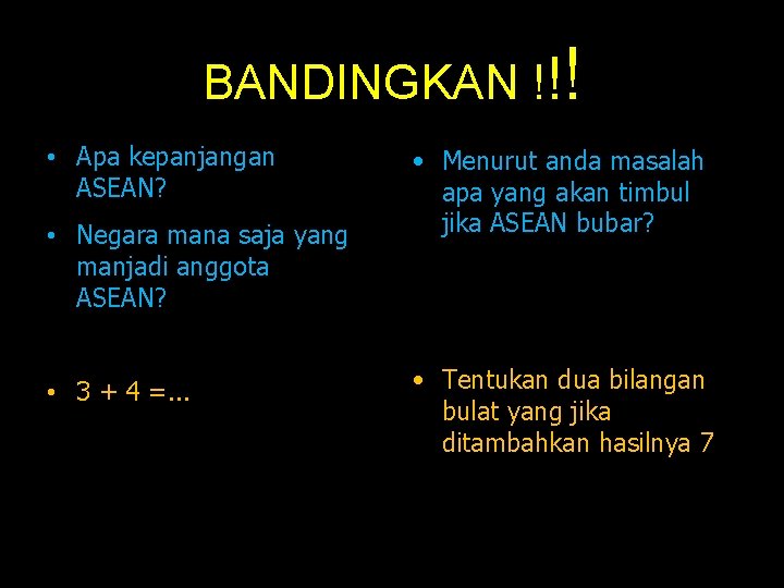 BANDINGKAN !!! • Apa kepanjangan ASEAN? • Negara mana saja yang manjadi anggota ASEAN?