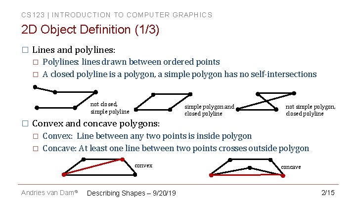 CS 123 | INTRODUCTION TO COMPUTER GRAPHICS 2 D Object Definition (1/3) � Lines