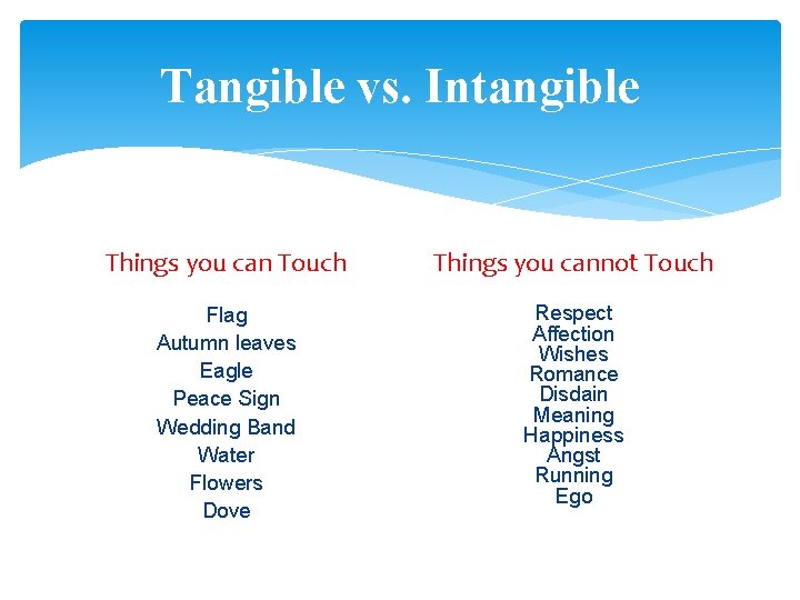 Tangible vs. Intangible Things you can Touch Things you cannot Touch Flag Autumn leaves