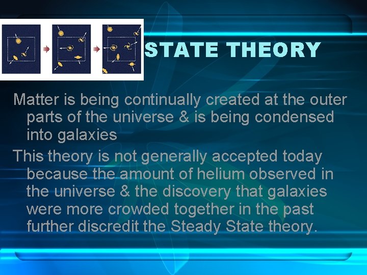 STEADY STATE THEORY Matter is being continually created at the outer parts of the