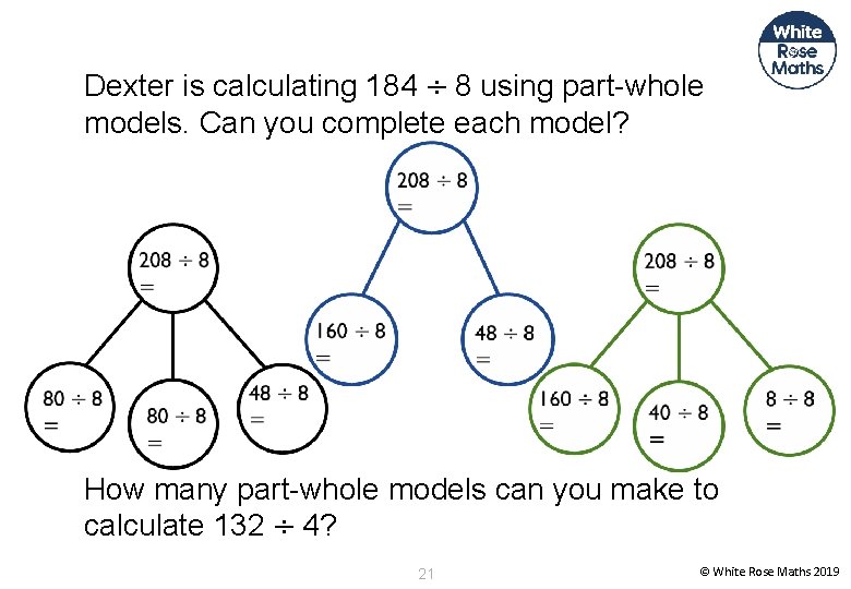 Dexter is calculating 184 ÷ 8 using part-whole models. Can you complete each model?