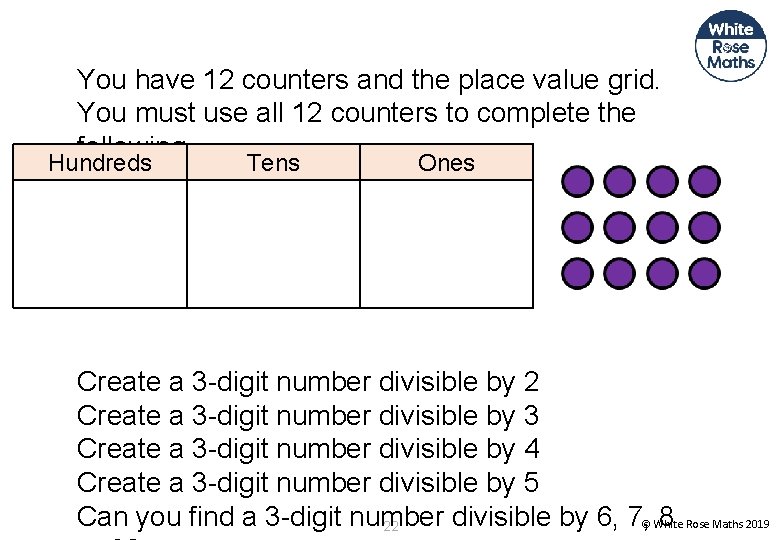 You have 12 counters and the place value grid. You must use all 12