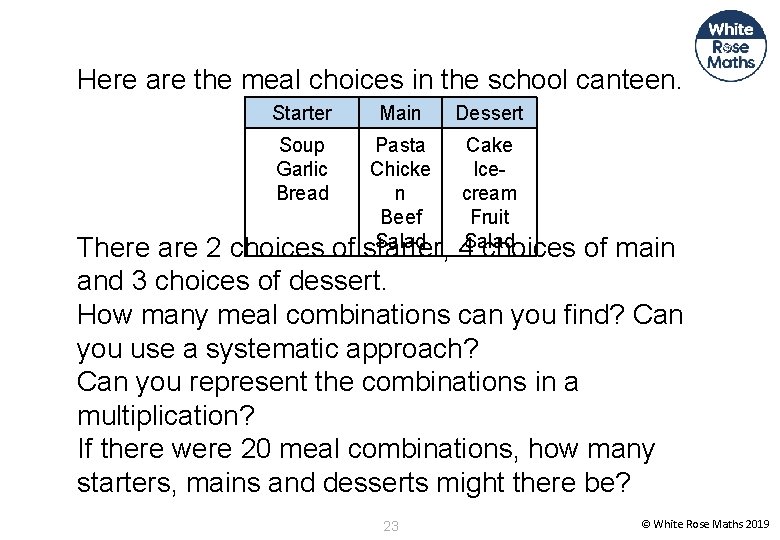 Here are the meal choices in the school canteen. Starter Soup Garlic Bread Main
