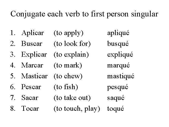 Conjugate each verb to first person singular 1. 2. 3. 4. 5. 6. 7.