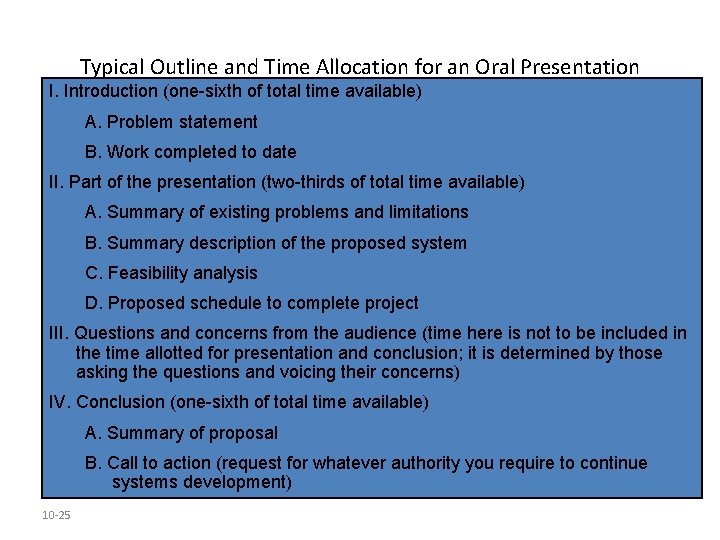 Typical Outline and Time Allocation for an Oral Presentation I. Introduction (one-sixth of total