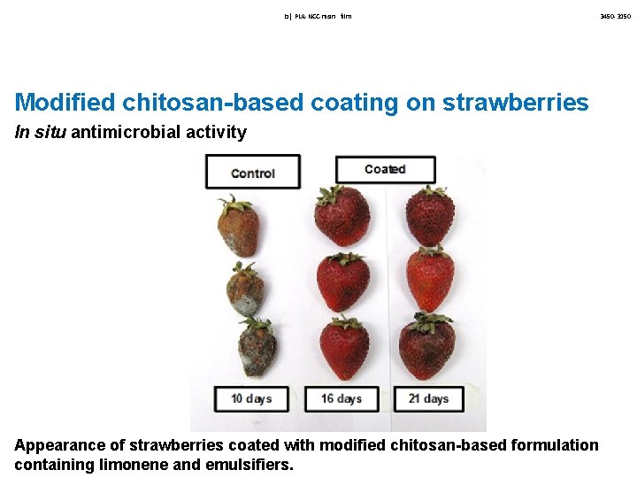 b) PLA-NCC-nisin film Modified chitosan-based coating on strawberries In situ antimicrobial activity Appearance of