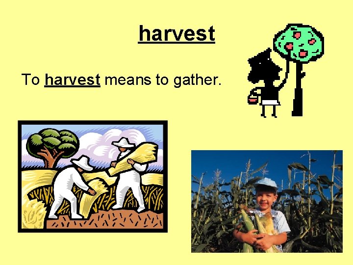 harvest To harvest means to gather. 