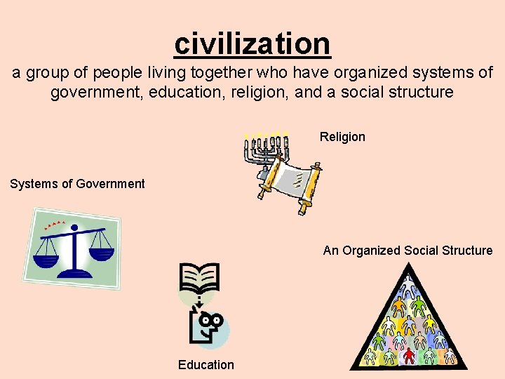 civilization a group of people living together who have organized systems of government, education,