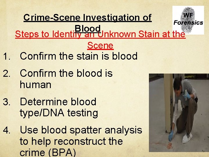 Crime-Scene Investigation of Blood Steps to Identify an Unknown Stain at the Scene 1.