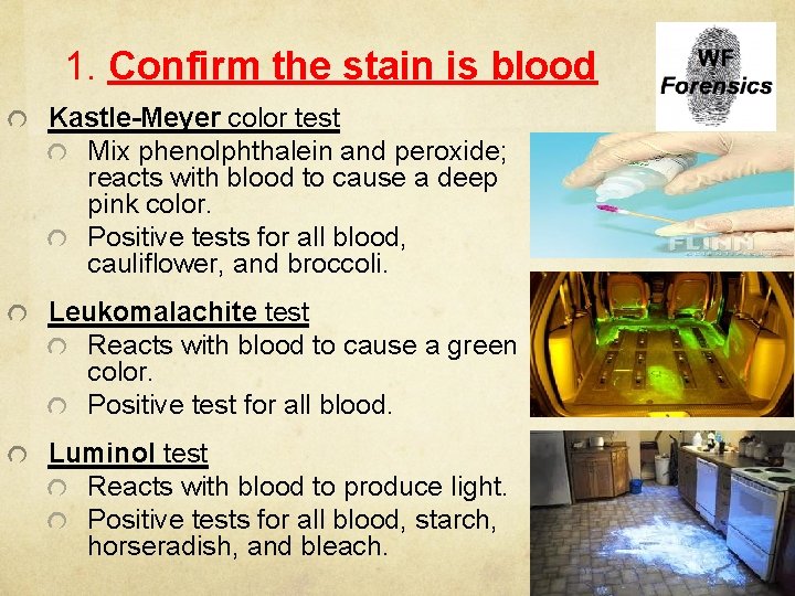 1. Confirm the stain is blood Kastle-Meyer color test Mix phenolphthalein and peroxide; reacts
