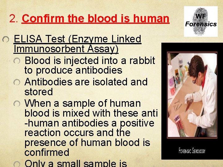 2. Confirm the blood is human ELISA Test (Enzyme Linked Immunosorbent Assay) Blood is