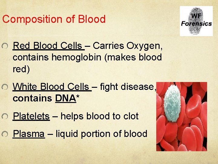 Composition of Blood Red Blood Cells – Carries Oxygen, contains hemoglobin (makes blood red)