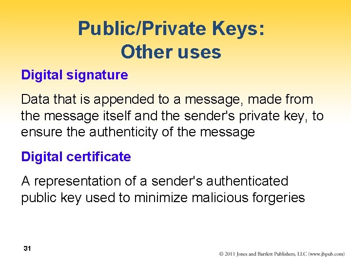 Public/Private Keys: Other uses Digital signature Data that is appended to a message, made