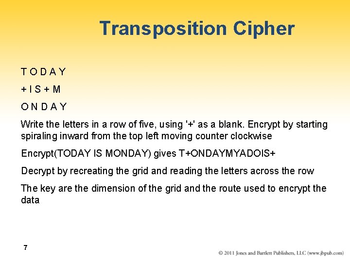 Transposition Cipher TODAY +IS+M ONDAY Write the letters in a row of five, using