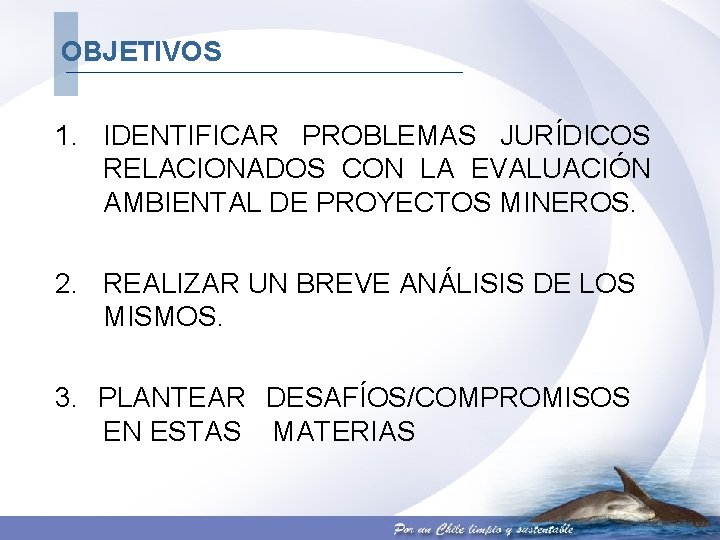 OBJETIVOS 1. IDENTIFICAR PROBLEMAS JURÍDICOS RELACIONADOS CON LA EVALUACIÓN AMBIENTAL DE PROYECTOS MINEROS. 2.