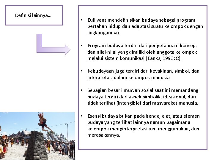 Definisi lainnya…. • Bullivant mendefinisikan budaya sebagai program bertahan hidup dan adaptasi suatu kelompok