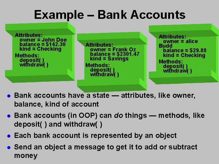 Example – Bank Accounts Attributes: owner = John Doe balance = $142. 30 kind Example – Bank Accounts Attributes: owner = John Doe balance = $142. 30 kind