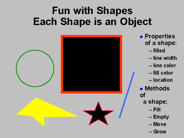 Fun with Shapes Each Shape is an Object l Properties of a shape: – Fun with Shapes Each Shape is an Object l Properties of a shape: –
