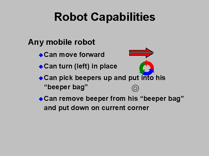 Robot Capabilities Any mobile robot u Can move forward u Can turn (left) in Robot Capabilities Any mobile robot u Can move forward u Can turn (left) in
