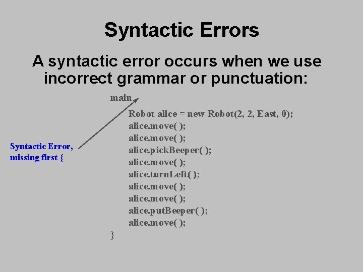 Syntactic Errors A syntactic error occurs when we use incorrect grammar or punctuation: main Syntactic Errors A syntactic error occurs when we use incorrect grammar or punctuation: main