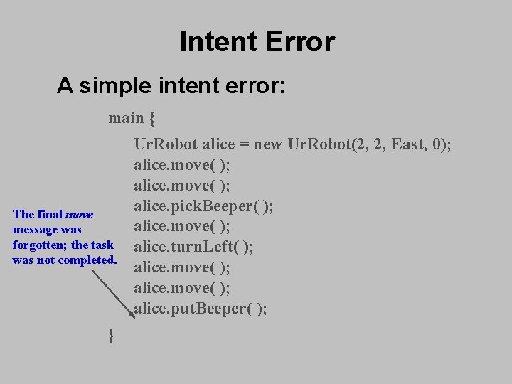 Intent Error A simple intent error: main { The final move message was forgotten; Intent Error A simple intent error: main { The final move message was forgotten;