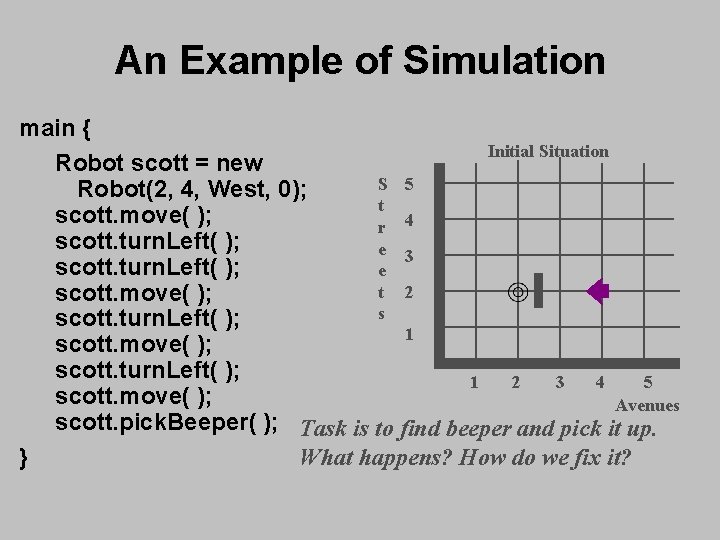 An Example of Simulation main { Initial Situation Robot scott = new S 5 An Example of Simulation main { Initial Situation Robot scott = new S 5