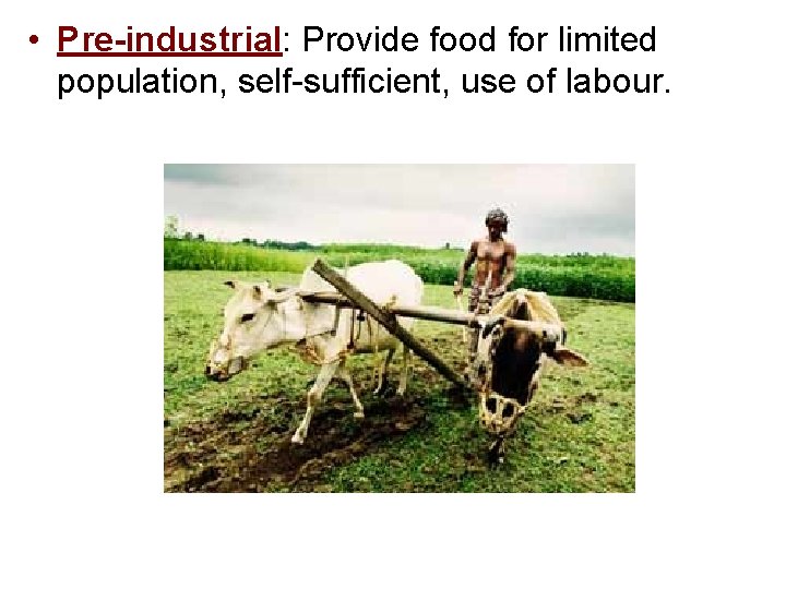  • Pre-industrial: Provide food for limited population, self-sufficient, use of labour. 