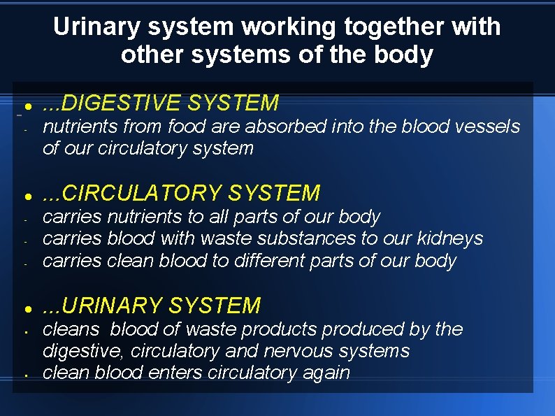 Urinary system working together with other systems of the body. . . DIGESTIVE SYSTEM Urinary system working together with other systems of the body. . . DIGESTIVE SYSTEM