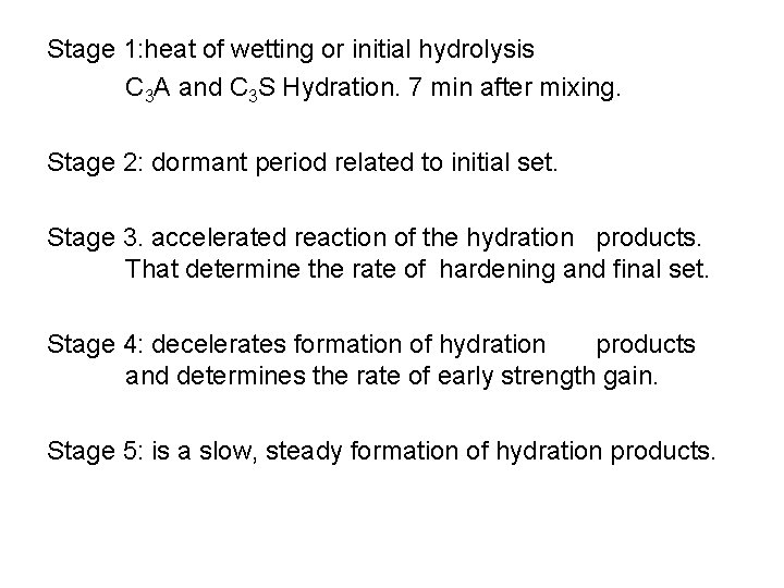 Stage 1: heat of wetting or initial hydrolysis C 3 A and C 3