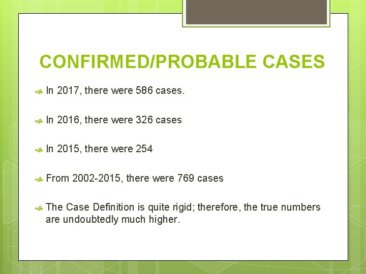 CONFIRMED/PROBABLE CASES In 2017, there were 586 cases. In 2016, there were 326 cases