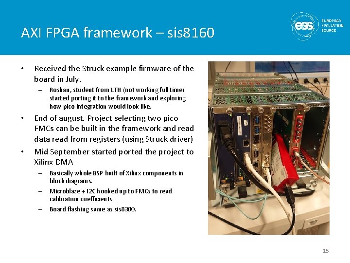AXI FPGA framework – sis 8160 • Received the Struck example firmware of the