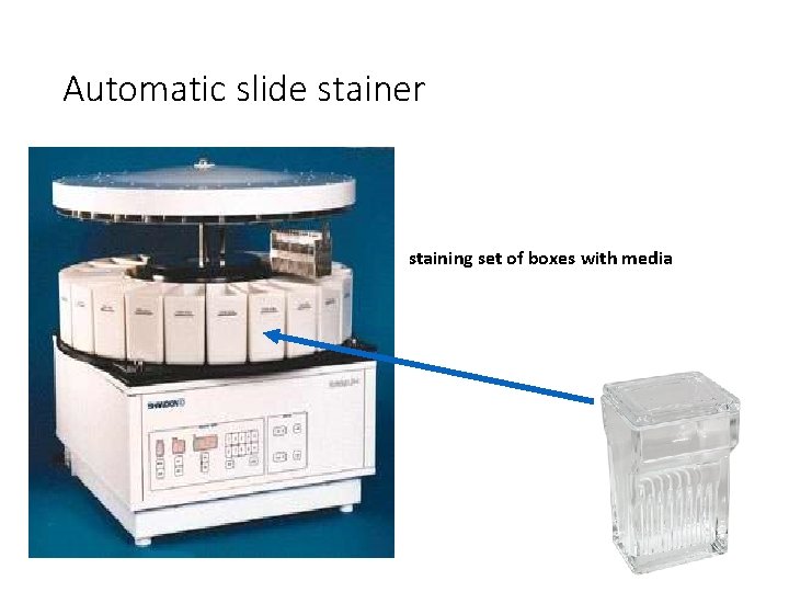Automatic slide stainer staining set of boxes with media 