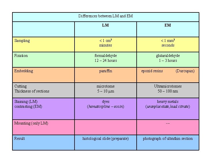Differences between LM and EM LM EM Sampling 1 cm 3 minutes 1 mm