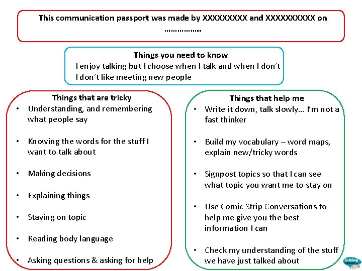 This communication passport was made by XXXXX and XXXXX on ……………. . Things you