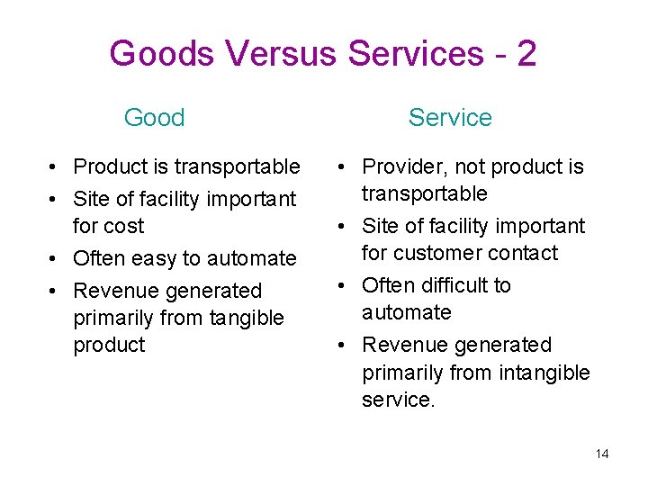 Goods Versus Services - 2 Good • Product is transportable • Site of facility