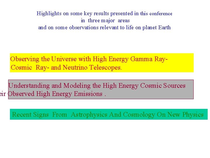 Highlights on some key results presented in this conference in three major areas and